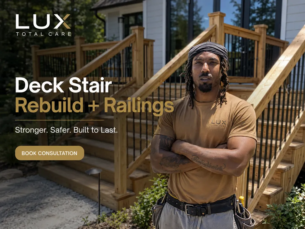 Deck stairs rebuilt with new railings