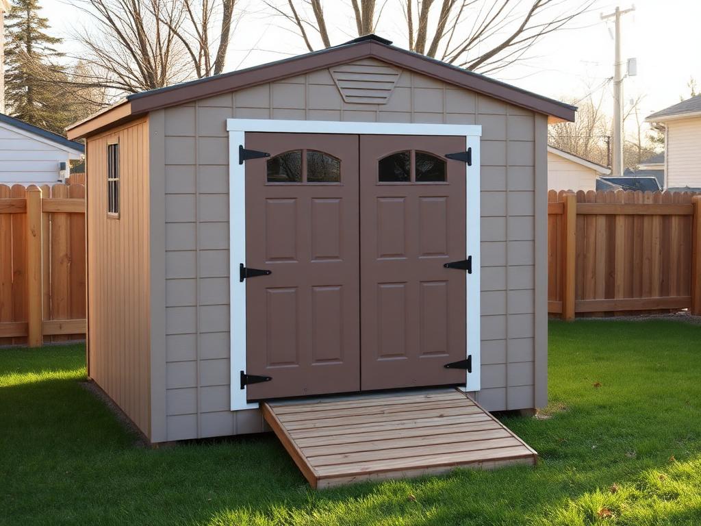 Backyard storage shed with doors and ramp