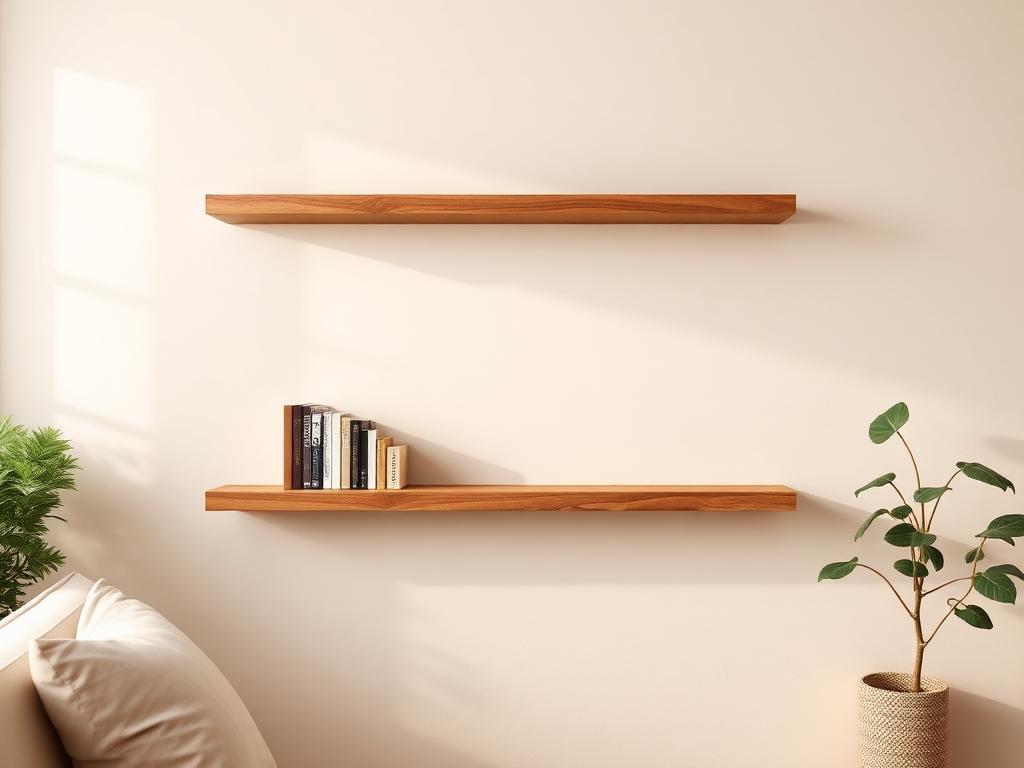 Wood shelves mounted level and secure on a living room wall