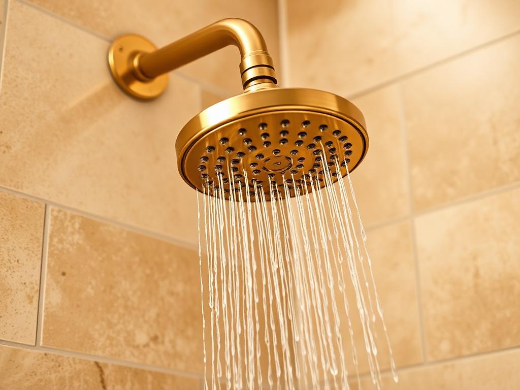 Brass shower head installed in a tiled shower
