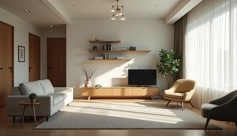 Flat-screen TV mounted level on a living room wall